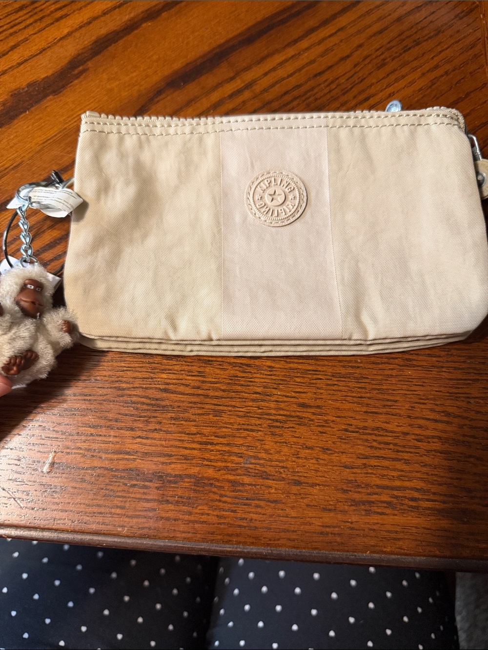 Kipling Light Beige Nylon Zip Pouch with Keychain